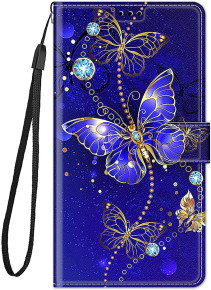 Луксозен кожен калъф тефтер стойка и клипс за Nokia G22 син с нощна пеперуда 